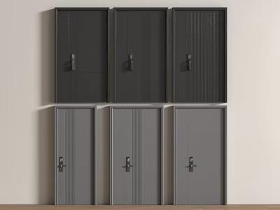 Six Black And Gray Hinged Doors With Different Textures On Wall 3d model