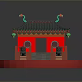 Chinese Style Architectural Model Featuring Red Body Green Roof Dragon Ornaments Stone Lions And Lanterns