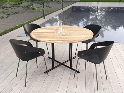 Round Wooden Outdoor Table with Black Chairs Glass Vase on Wooden Deck by Pool 3d model