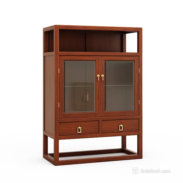 Classic Wooden Dark Brown Entryway Console Cabinet With Glass Doors And Drawers 3d model 