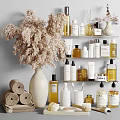 Modern Bathroom Accessories On Shelves With Towels And Dried Flowers
