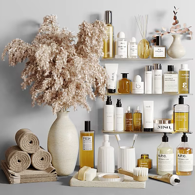 Modern Bathroom Accessories On Shelves With Towels And Dried Flowers 3d model