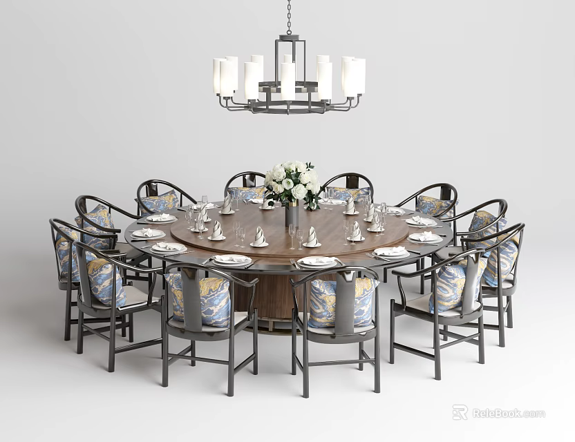 Stylish Round Dining Table Set With Upholstered Chairs Tableware And Chandelier 3d model