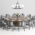 Stylish Round Dining Table Set With Upholstered Chairs Tableware And Chandelier 3d model