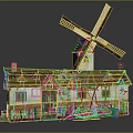 Cartoon Style Windmill House Scene With Ivy Covered Walls Pointed Roof And Small Boat
