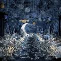 Elegant Blue Starry Sky Theme Banquet Hall With Moon Planets Hanging Lights Round Tables Decorations
