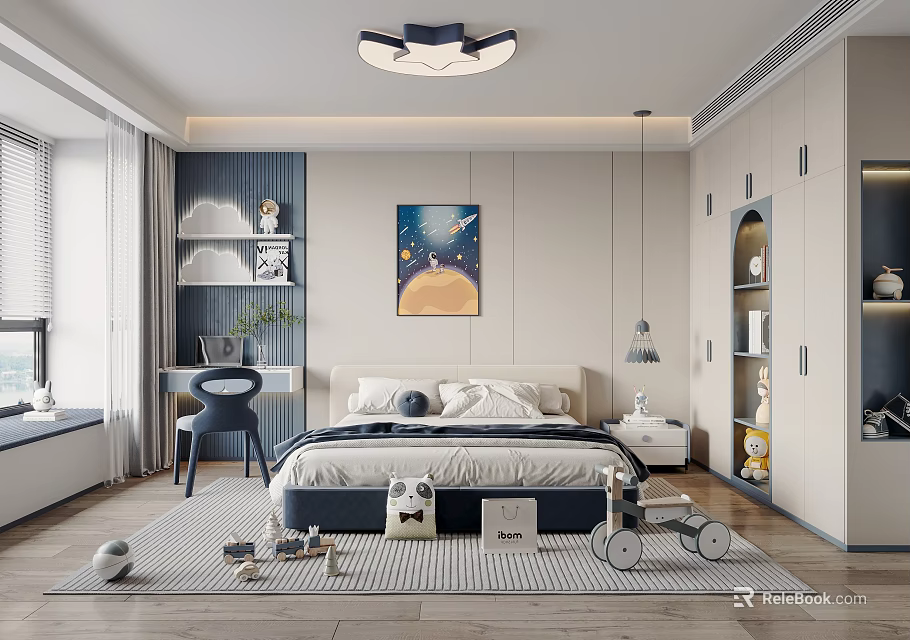 Modern Kids Bedroom Interior With Bed Toys Shelves And Art 3d model 