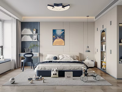 Modern Kids Bedroom Interior With Bed Toys Shelves And Art 3d model