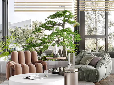 Cozy Home Balcony With Brown Armchair Green Sofa Round White Table And Bonsai Tree 3d model