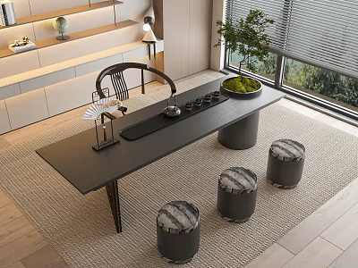 Minimalist Modern Tea Table and Stools Black Surface with Tea Set Plant Near Window View 3d model
