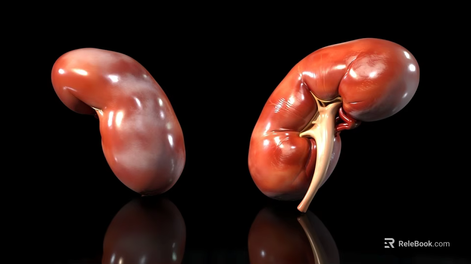 Anatomical 3D Rendered Human Kidneys Isolated On Black Background With Reflection 3d model 