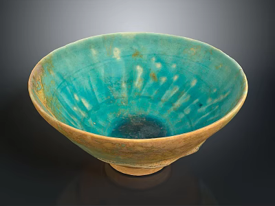 Hand Carved Ceramic Bowl With Turquoise Blue Glaze And Brown Base Artisanal Sculpted Design 3d model