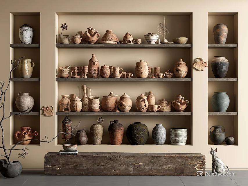 Decorative Ceramic Vessels Of Various Shapes Arranged On Shelves With Beige Wall And Wooden Platform 3d model 