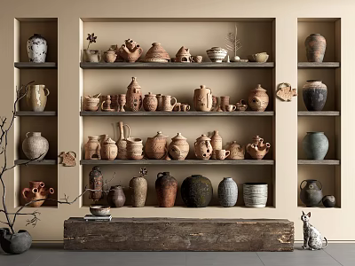 Decorative Ceramic Vessels Of Various Shapes Arranged On Shelves With Beige Wall And Wooden Platform 3d model