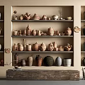 Decorative Ceramic Vessels Of Various Shapes Arranged On Shelves With Beige Wall And Wooden Platform