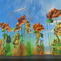Vibrant Orange Yellow Red Blooms In Transparent Glass Cube Vases With Blue Sky
