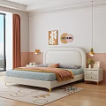 Children's Bed With White Headboard Gold Legs Blue Dotted Bedspread Colorful Wall Art And Nightstand