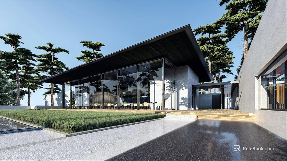 Modern Homestay Building With Black Sloped Roof Large Glass Windows And Trees Around Lawn 3d model 