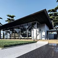 Modern Homestay Building With Black Sloped Roof Large Glass Windows And Trees Around Lawn