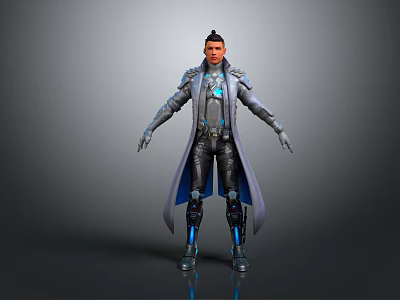 Futuristic Game and Movie Character in Tech Inspired Long Gray Coat With Blue Glowing Elements 3d model