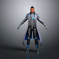 Futuristic Game and Movie Character in Tech Inspired Long Gray Coat With Blue Glowing Elements