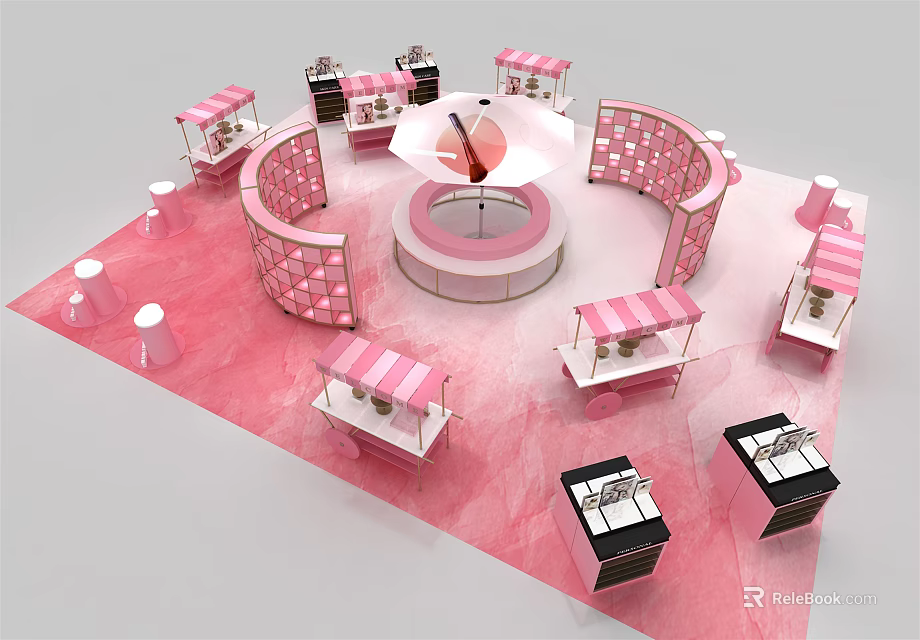 Pink Themed Display Space With Circular Central Platform And Striped Awning Booths 3d model