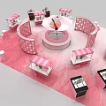 Pink Themed Display Space With Circular Central Platform And Striped Awning Booths 3d model