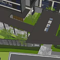Garden Landscape With Covered Walkway White Pillars Tiled Path Green Shrubs Yellow Wall Black Structure