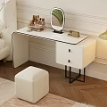 Modern White Dressing Table With Round Mirror Cosmetics Drawers And Stool 3d model