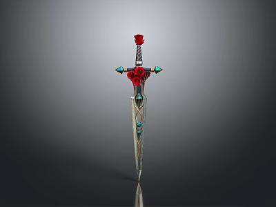 Ornate Decorative Sword With Red Rose Accent And Blue Gemstone Details On Silver Hilt 3d model