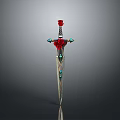 Ornate Decorative Sword With Red Rose Accent And Blue Gemstone Details On Silver Hilt