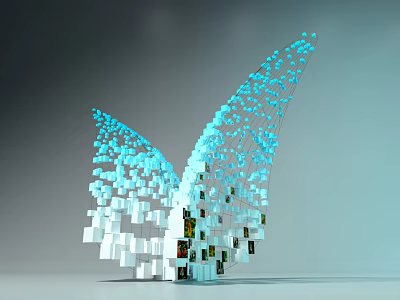 Geometric Sculpture With Blue White Cubes Forming Wing Shape And Colorful Base 3d model