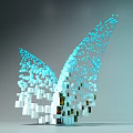 Geometric Sculpture With Blue White Cubes Forming Wing Shape And Colorful Base
