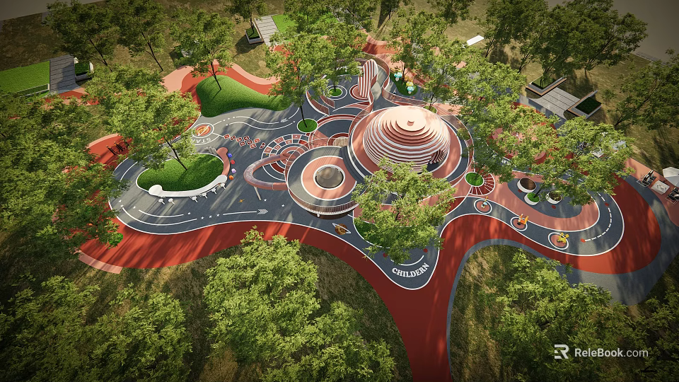 Spacious Children's Play Area With Circular Structures Red Pathways Green Lawns And Shady Trees 3d model 