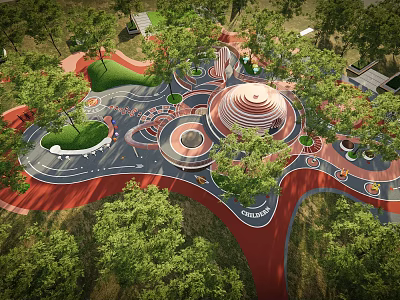 Spacious Children's Play Area With Circular Structures Red Pathways Green Lawns And Shady Trees 3d model