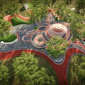 Spacious Children's Play Area With Circular Structures Red Pathways Green Lawns And Shady Trees