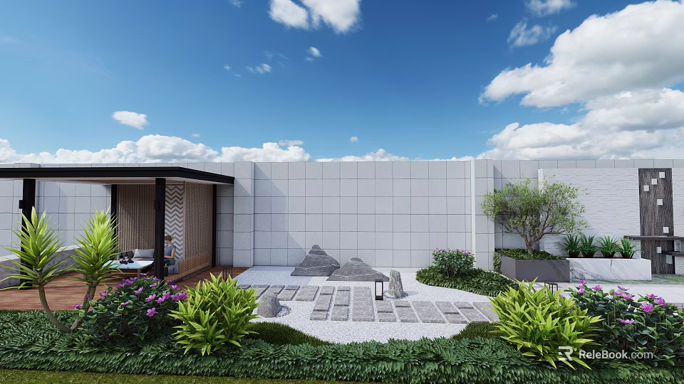 Roof Garden Design With Lush Green Plants Stone Paving And Relaxation Area 3d model 