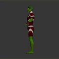 Green Man In Red And White Tight Suit With Arms Outstretched Standing Against Gray Background