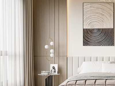 Modern Bedroom Interior With Wooden Wall Panels Light Curtains Upholstered Headboard And Abstract Circular Painting 3d model