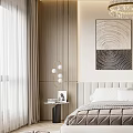 Modern Bedroom Interior With Wooden Wall Panels Light Curtains Upholstered Headboard And Abstract Circular Painting