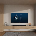 Modern Smart TV On Wooden Stand With Bookshelf And Natural Light
