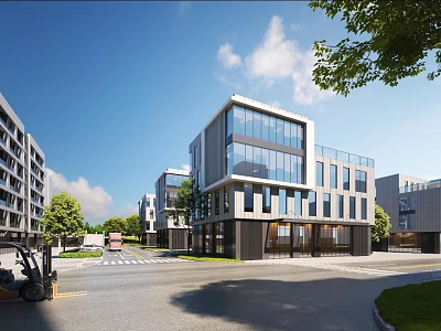 Modern Multi story Industrial Factory With Glass Curtain Wall Green Trees Road And Forklift 3d model