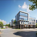 Modern Multi story Industrial Factory With Glass Curtain Wall Green Trees Road And Forklift
