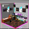 Gaming Room Interior With Multiple Monitor Setup Neon Lights Guitar Speakers And Patterned Rug