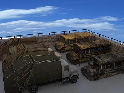 Abandoned Rusty Cars Trucks And Buses In Open Area Under Blue Sky 3d model