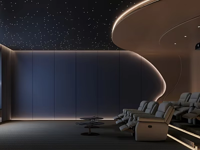 Modern Home Theater with Starry Ceiling Curved LED Strip Gray Walls and Leather Sofas 3d model