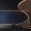 Modern Home Theater with Starry Ceiling Curved LED Strip Gray Walls and Leather Sofas 3d model