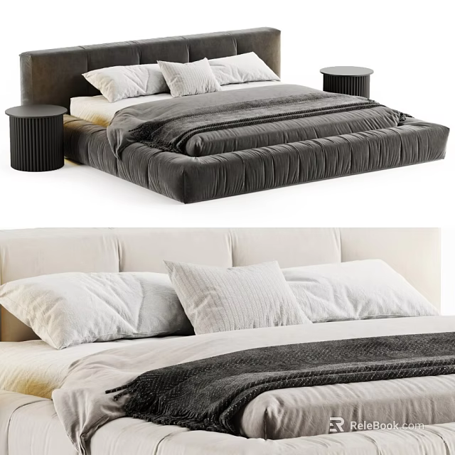 Light And Dark Modern Double Beds With Soft Pillows Cozy Blanket And Nightstands 3d model 