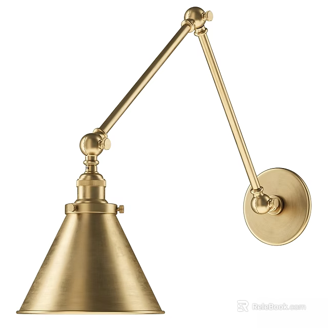 Brass Wall Lamp With Adjustable Arm Round Base And Conical Shade Design 3d model