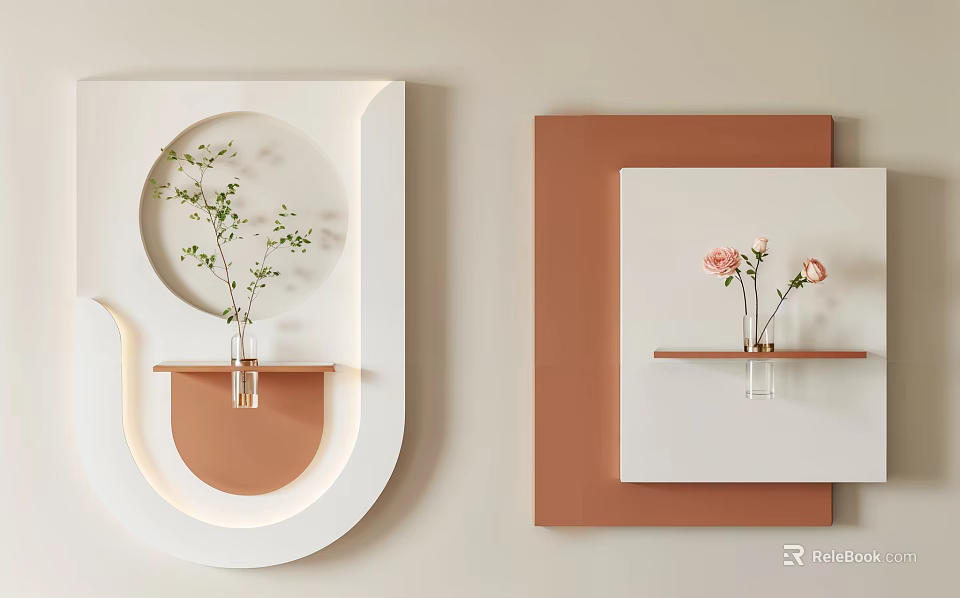 Modern Geometric Wall Decor with White Brown Frames and Green Pink Flowers on Shelves 3d model 
